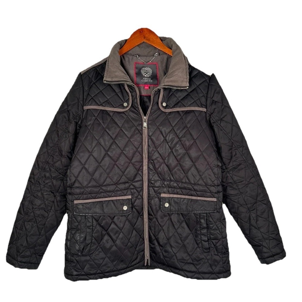 Vince Camuto Woman's Jacket Size Large Black With Brown Trim Quilted Puffer Coat